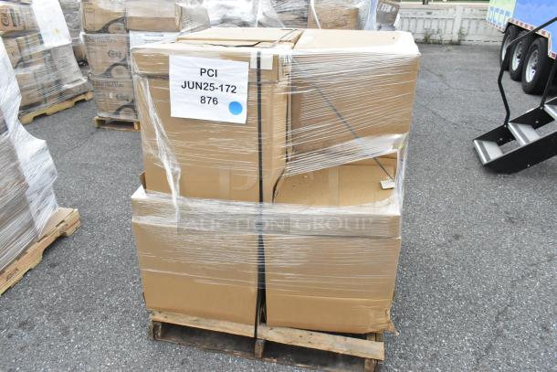 Fourteen boxed scratch-and-dent barstool cushions, 19"W x 17"D, navy vinyl, on a pallet, marked "PCI JUN25-172 876."