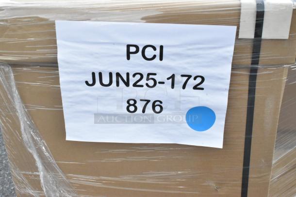 Cardboard box wrapped in plastic, labeled "PCI JUN25-172 876," containing 14 new scratch and dent items.