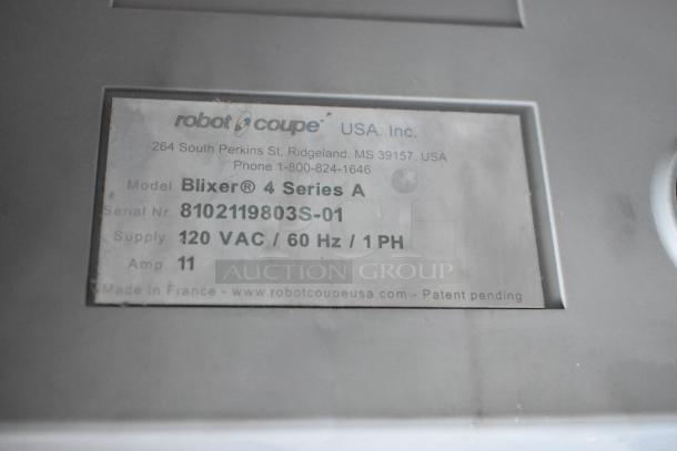 Label showing Robot Coupe Blixer 4 Series A, 120 VAC, 60 Hz, 1 PH, serial number 8102119803S-01, made in France.