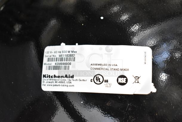 KitchenAid KSM8990OB countertop mixer label, showing model, serial number, and power specs. Certified UL, NSF.