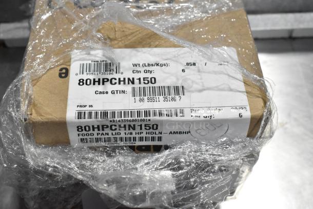 Box of brand new amber-colored poly 1/6 size drop-in bin lids, labeled "SCRATCH AND DENT", model 80HPCHN150.