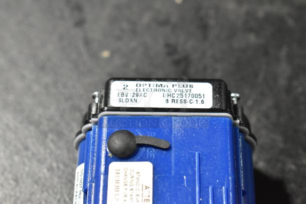 Brand new Sloan EBV129A-C Optima Plus electronic valve with label showing product details.