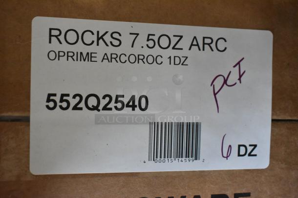 Box label of 12 Arcoroc Q2540 ArcoPrime 7.5 oz. Rocks Glasses by Arc Cardinal, marked "6 DZ", with barcode.