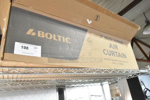 BRAND NEW Boltic 36" black aluminum air curtain with remote magnetic door switch, model 6873509LYB, in original packaging.