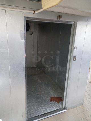 Harford 6'x12' self-contained walk-in cooler box with floor, compressor, evaporator fan. Silver exterior, pre-removal photo.
