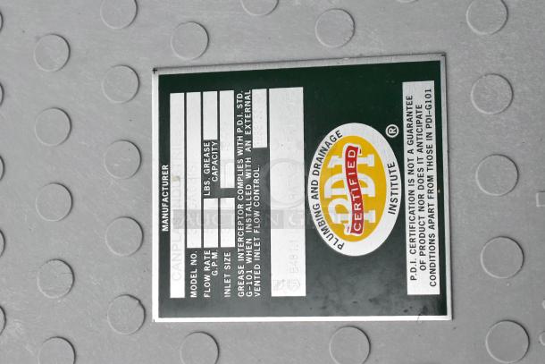 BRAND NEW Endura 3950A03 100 lb. 50 GPM grease trap, 3" hub, PDI certified label, minor scratches visible.