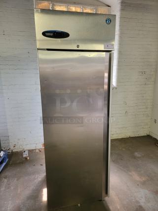 Hoshizaki CR1S-FSL commercial refrigerator in stainless steel. Features digital controls, single door, sleek design, used condition.