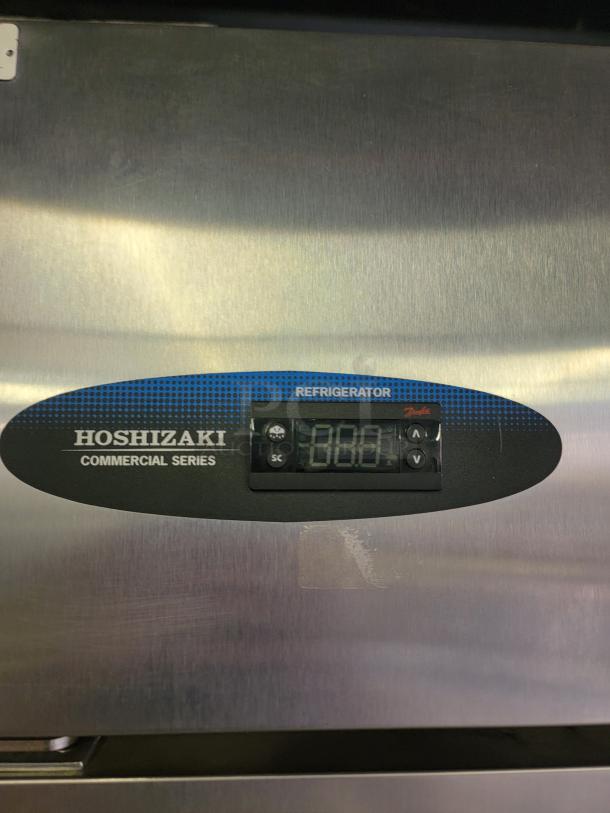 Hoshizaki Commercial Refrigerator CR1S-FSL with digital display, stainless steel finish, and Hoshizaki branding. Ideal for restaurants.