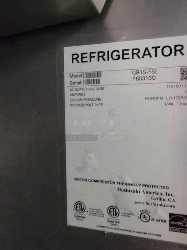 Hoshizaki CR1S-FSL commercial refrigerator label, showing model, serial number, voltage, ampere ratings, and certifications. Ideal for restaurant use.