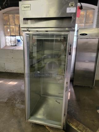 Delfield & Perlick SRPT1-G pass-through commercial refrigerator. Stainless steel, glass door, used condition, ideal for kitchens.