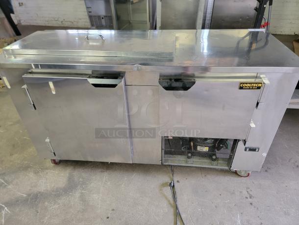 Cooltech CUST60BA commercial refrigerated prep table, stainless steel, 5-foot, dual doors, good condition, label "Cooltech Made in USA."
