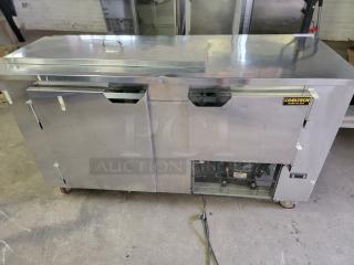 Cooltech CUST60BA commercial refrigerated prep table, stainless steel, 5-foot, dual doors, good condition, label "Cooltech Made in USA."