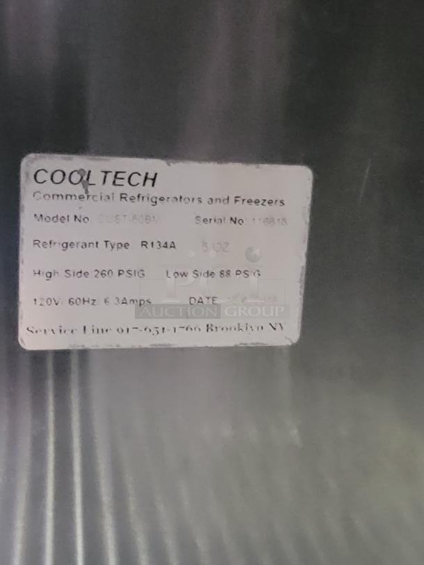 Cooltech refrigerated prep table model CUST60BA label; shows specs, refrigerant R134A, and serial number.