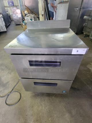 Hoshizaki WR27A-D2 Worktop Refrigerator, steel, dual drawers, commercial-grade, some wear, auction tag "9".