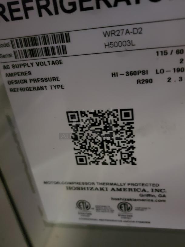 Hoshizaki WR27A-D2 Worktop Refrigerator label showing voltage, amperes, pressure, and refrigerant type R290.