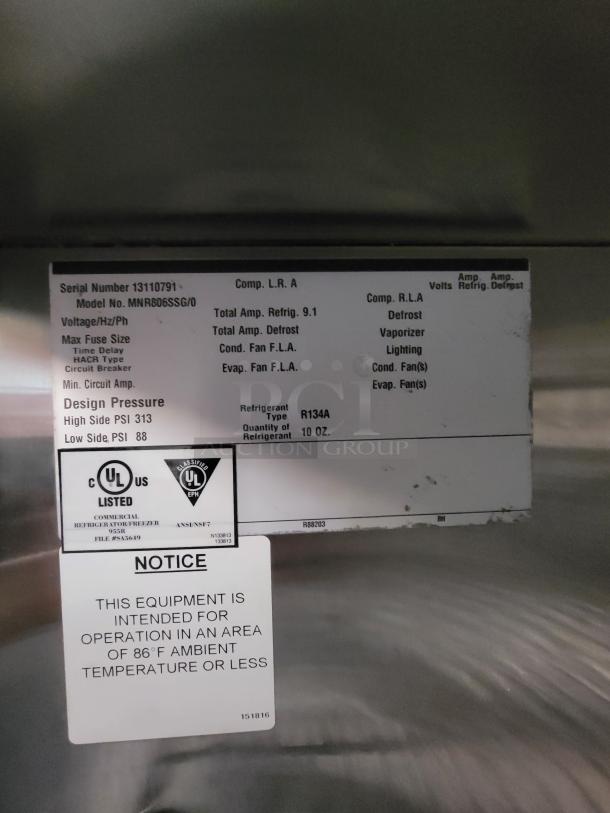 Master-Bilt Endura 6-Door Commercial Refrigerator label, Model MNR806SSG/0, UL listed, uses R134A refrigerant.