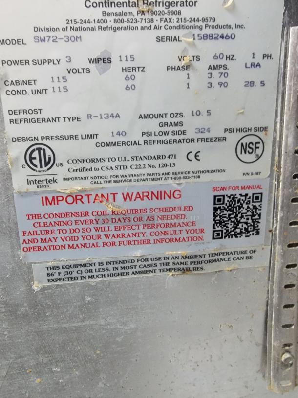 Continental SW72-30M label. Specifies 115 volts, 60 Hz, R-134A refrigerant. ETL and NSF certified for commercial use.