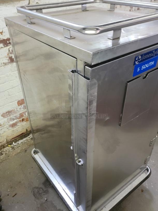 Jones Zylon ETC-UA-7 insulated meal delivery cabinet, stainless steel, institutional grade, in good condition, label "5 South".