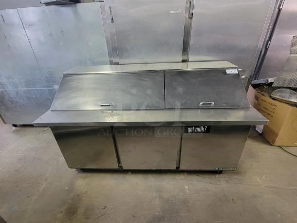 Beverage-Air SPE72HC-30M Mega Top Prep Table, stainless steel, large capacity, "got milk?" sticker, excellent condition.