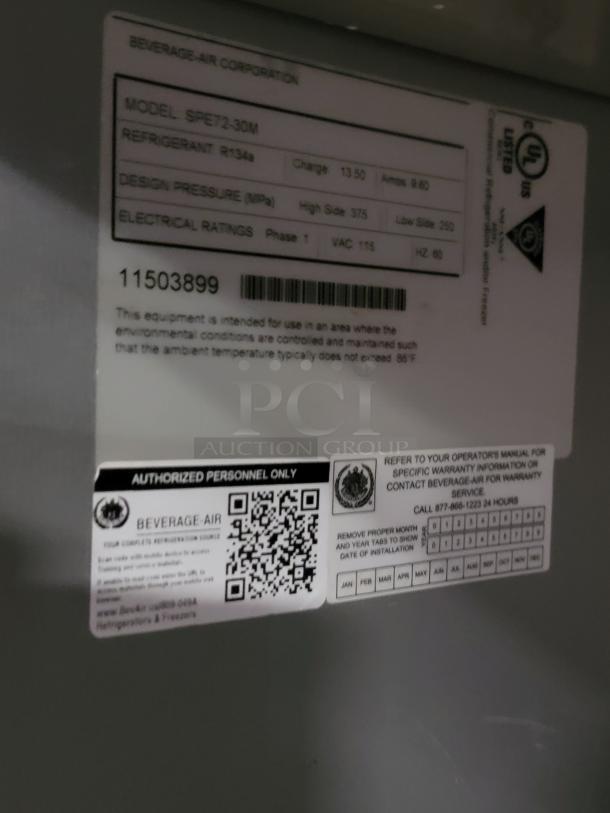 Beverage-Air SPE72HC-30M label with model, refrigerant type, and electrical ratings. Includes QR code and manufacturer details.
