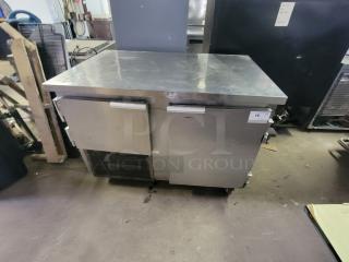 Leader LB48S/C undercounter fridge/freezer with top work surface, refrigerated drawers, and door compartment, in used condition.