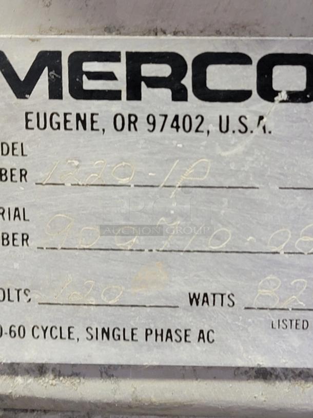 Merco model 1220-1P countertop food warmer label, showing details: 120 volts, 825 watts, serial number 9097109.