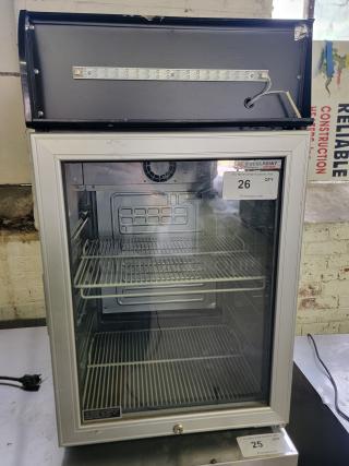 AHT CTB-100 undercounter refrigerator, commercial-grade, glass door, shelves, model plate visible, excellent condition.