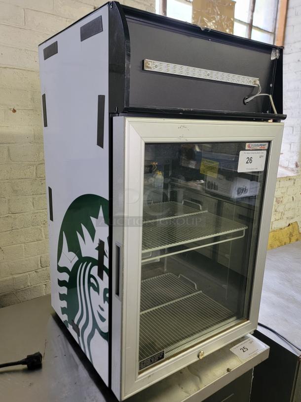 AHT CTB-100 Undercounter Refrigerator with glass door, two shelves, and Starbucks branding. Ideal for commercial cold storage.