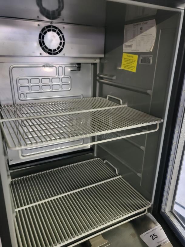AHT CTB-100 undercounter refrigerator, silver interior, two wire shelves, visible cooling fan. Ideal for commercial use.