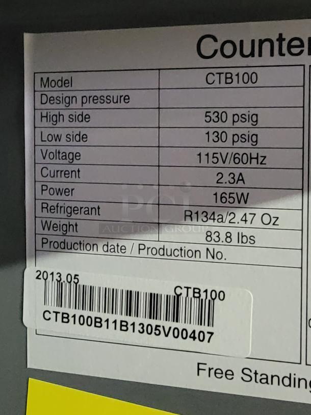 AHT CTB-100 undercounter refrigerator label, showing model, design pressure, voltage, weight, and refrigerant info.