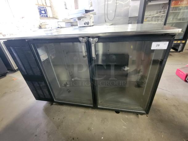 Cospolich Glass Tender, 5-foot refrigerated unit with sliding glass doors, top-loading access, visible label "28". Ideal for bars.