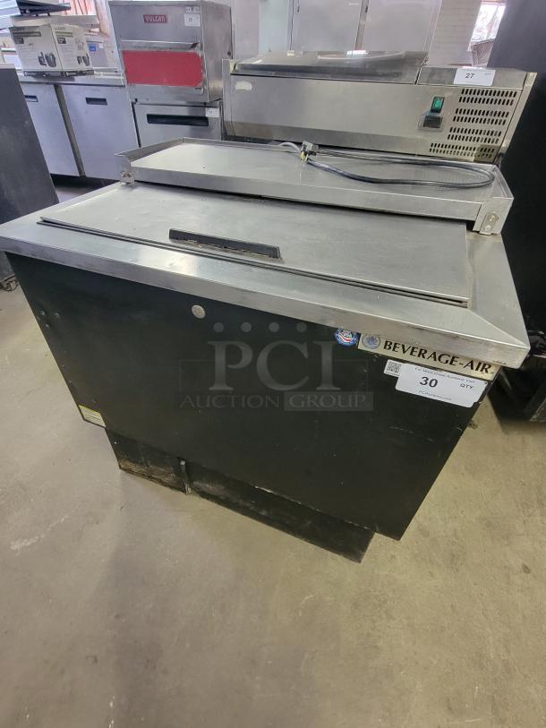Beverage-Air SF34HC-B bottle cooler, black, stainless steel top, perfect for bars, excellent condition, tag shows model and lot.