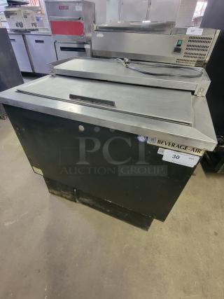 Beverage-Air SF34HC-B bottle cooler, black, stainless steel top, perfect for bars, excellent condition, tag shows model and lot.