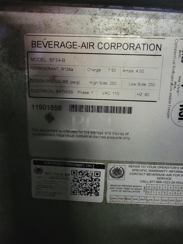 Beverage-Air SF34HC-B bottle cooler label, indicating model, refrigerant R134a, and electrical ratings. Ideal for bars.