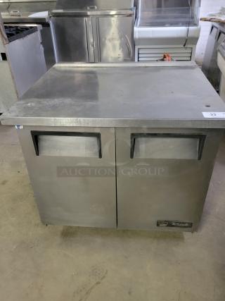 True TUC-36-34 commercial undercounter refrigerator, steel finish, dual doors, used condition, True logo visible.