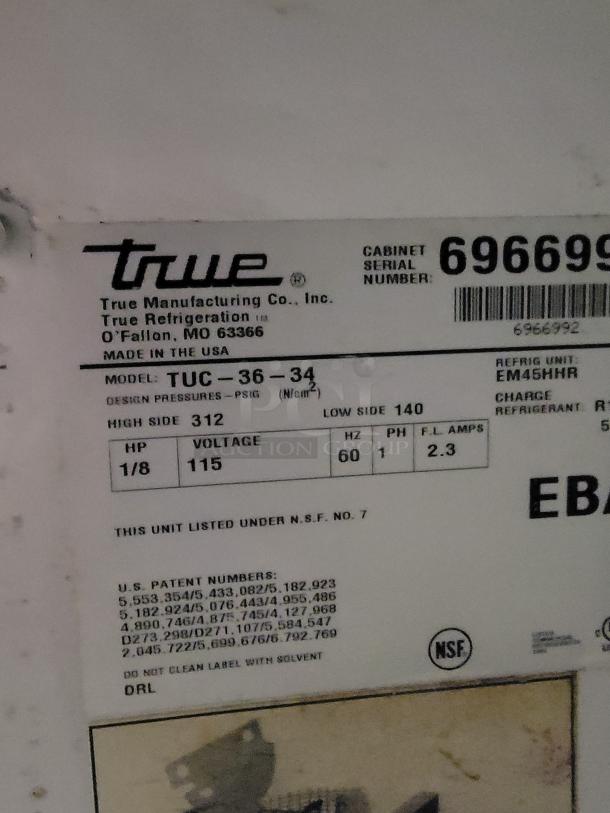 True TUC-36-34 commercial refrigerator label displaying model, voltage (115V), and design pressures. Made in the USA.