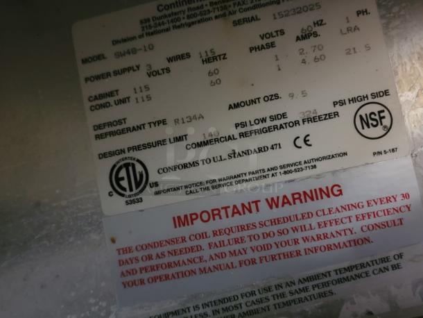 Label on Continental Refrigerated Prep Table, Model SW-48-10, shows specifications: power supply, refrigerant type, and certifications.