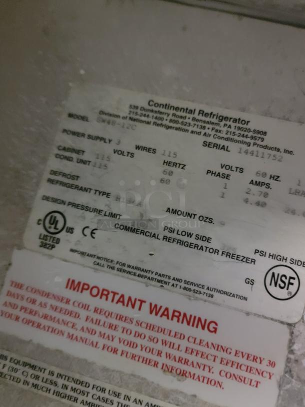 Continental Commercial Prep Table Refrigerator, Model SW48-LC, detailed label with specifications and warning for condenser coil maintenance.