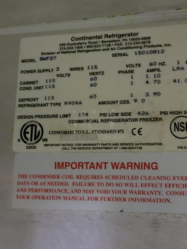 Continental Undercounter Freezer SWF27, compact design, Model: SWF27, R404A refrigerant, 115V, ETL listed, commercial use.