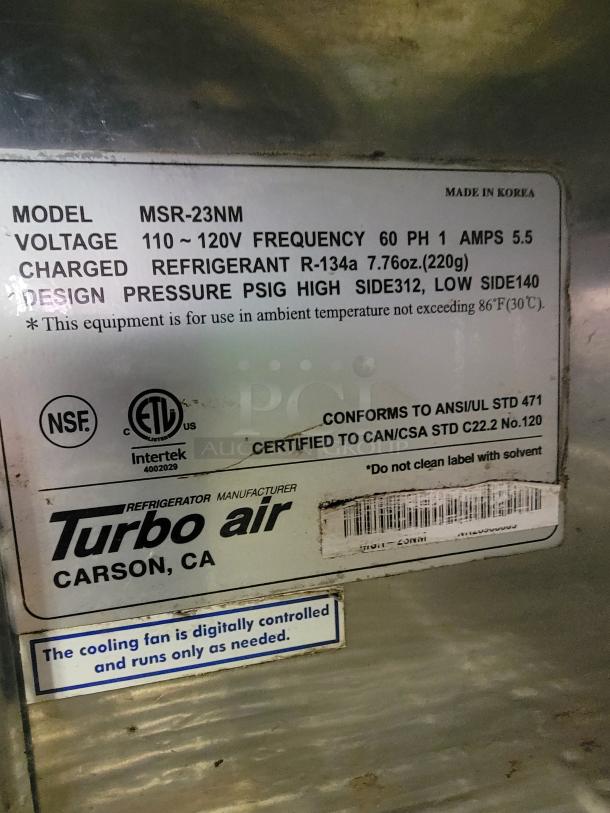 Turbo Air MSR-23NM refrigerator label showing model, voltage, refrigerant info, and compliance certifications.