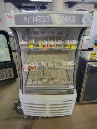 Beverage-Air BZ13-1-W vertical display fridge, open-front, commercial use. Marked "FITNESS DRINKS," price tag $999.