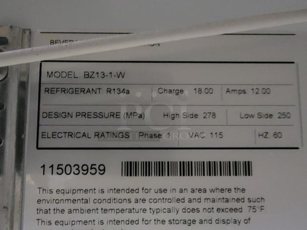 Beverage-Air model BZ13-1-W label, R134a refrigerant, 115 VAC, 12.00 amps, open-front display fridge for drinks and snacks.