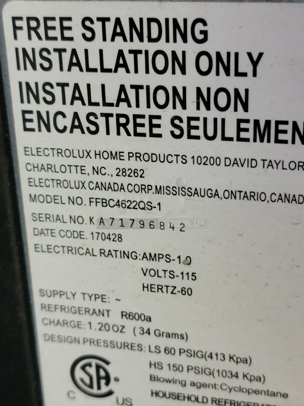 Electrolux Wine Chiller model FFBC4622QS-1, freestanding. Serial: K A 7 1 7 9 6 8 4 2. Electrical: 115V, 60Hz, 1 Amp.