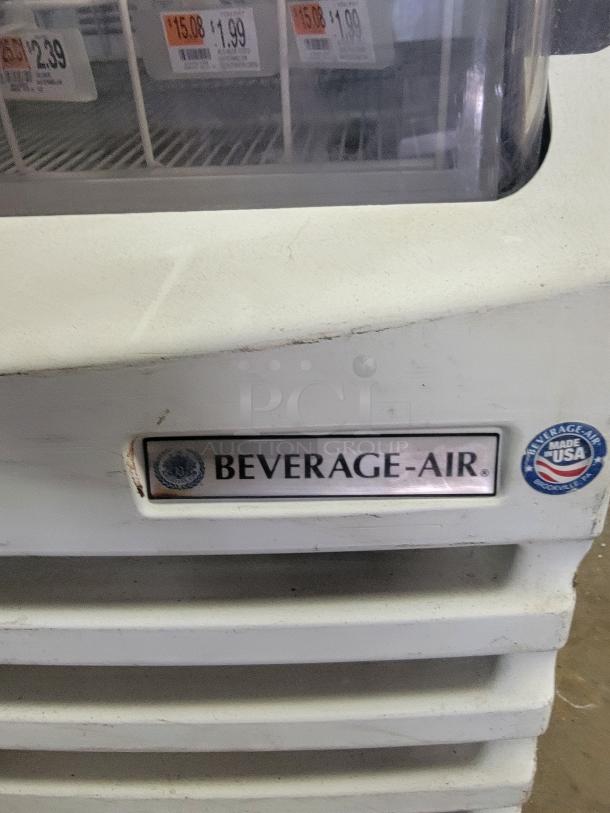 Beverage-Air BZ13-1-W open-air merchandiser showing brand badge and "Made in USA" sticker. Ideal for cafes or stores.