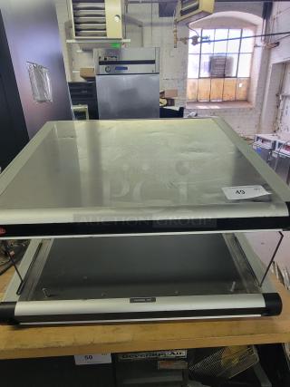 Hatco Glo-Ray GR2SDS-24 pass-thru food warmer in silver. Features a robust design with caution-hot label, suitable for restaurants.