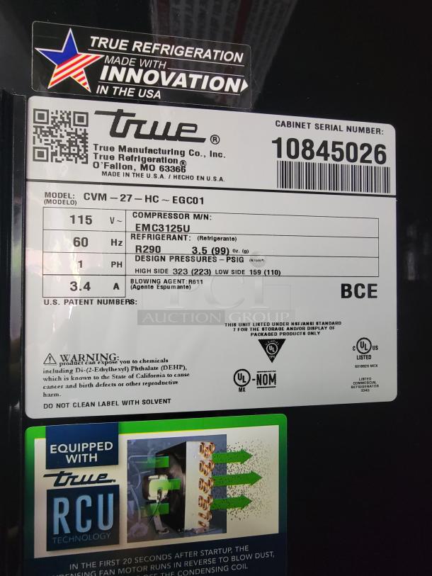 True Refrigeration CVM-27-HC vertical display cooler, new condition, featuring R290 refrigerant, energy-efficient design.
