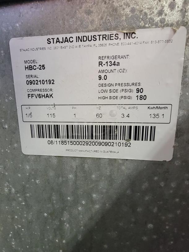 Stajac HBC-25 ice cream dipping cabinet label, showing model, serial number, refrigerant type, and manufacturing details.