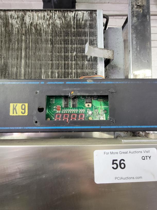 Hoshizaki RH2-SSB-HD commercial 4-door refrigerator/freezer, needs thermostat repair. Visible tag reads "56 QTY" from PCIAuctions.com.