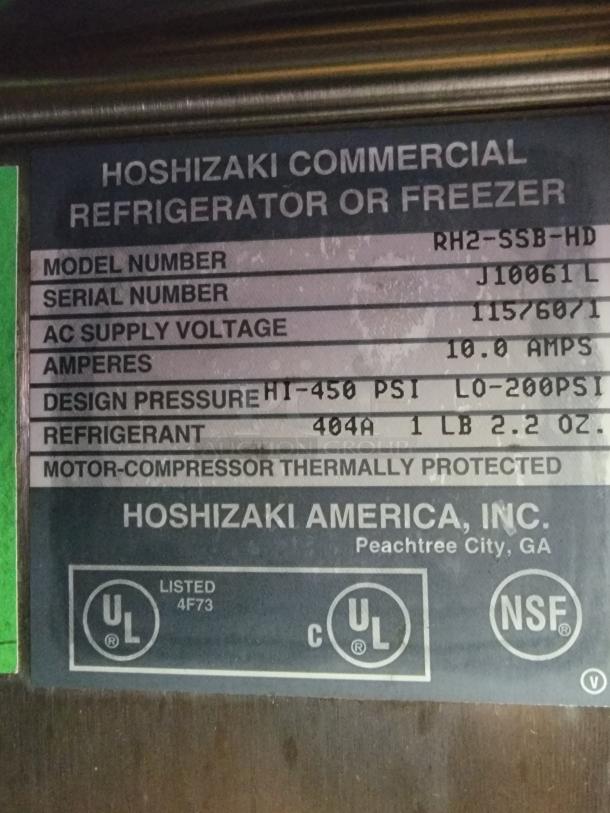 Hoshizaki RH2−SSB−HD label shows a commercial refrigerator/freezer, needs thermostat, model number, and design pressure.