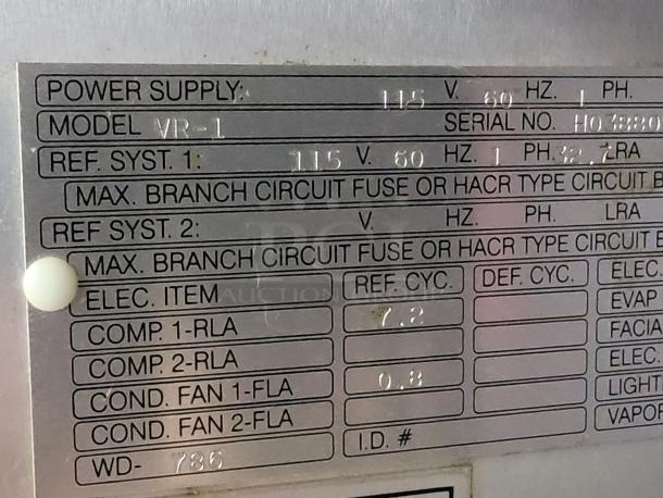 Alt text: Victory VR-1 stainless steel reach-in refrigerator label, showing power supply and electrical specifications.